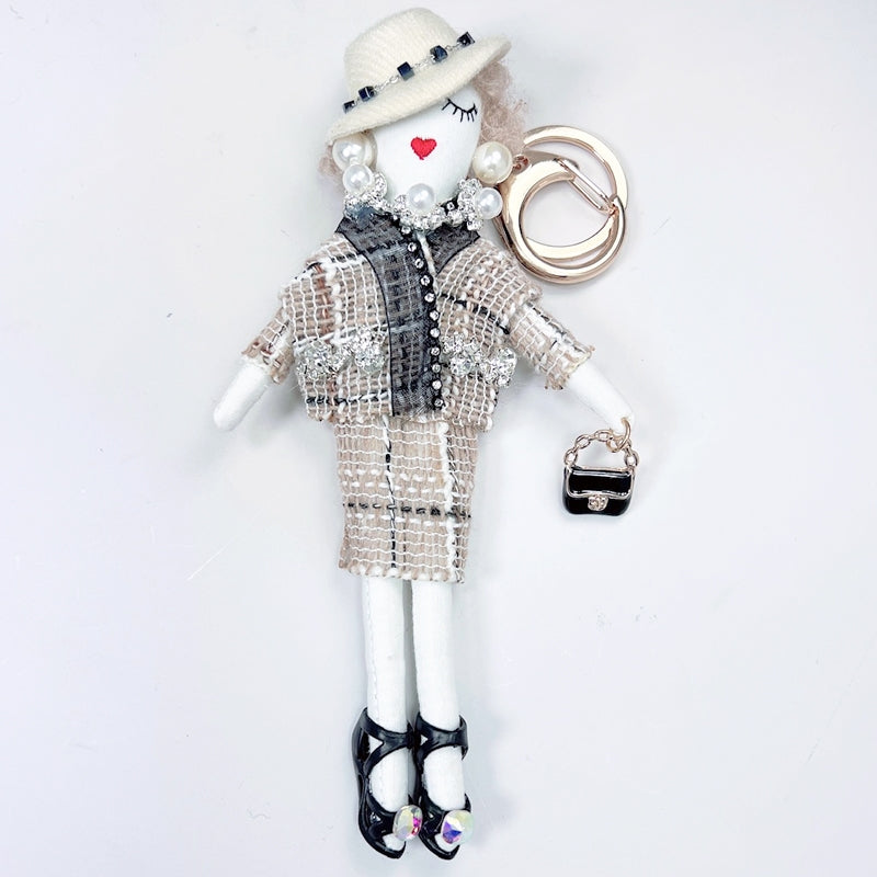 Parisian Doll Keyring Bag Charm - Beige Tweed