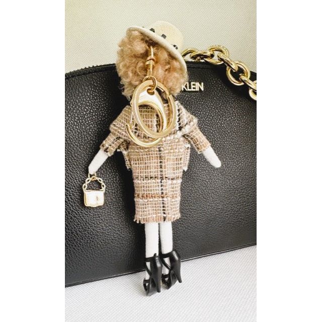 Parisian Doll Keyring Bag Charm - Beige Tweed