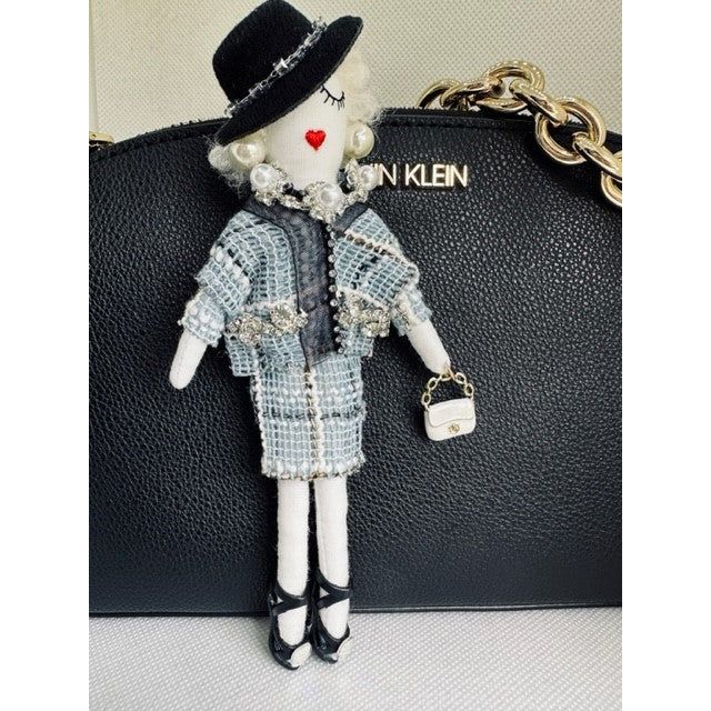 Parisian Doll Keyring Bag Charm - Blue Tweed