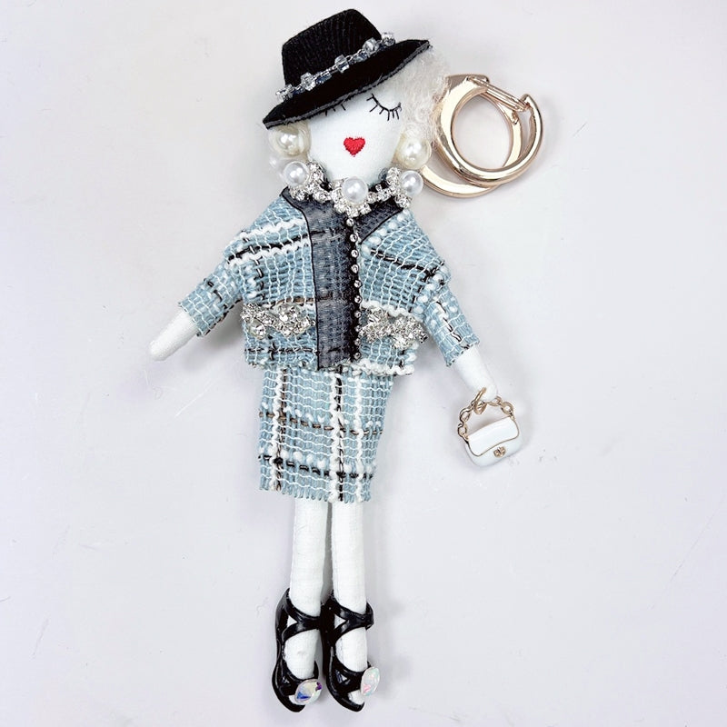 Parisian Doll Keyring Bag Charm - Blue Tweed
