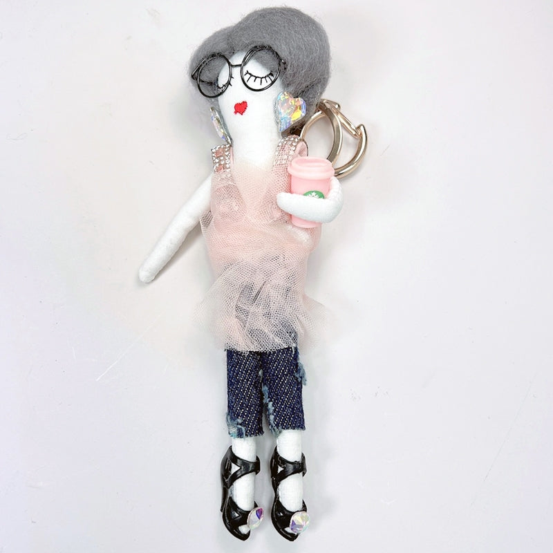 Parisian Doll Keyring Bag Charm - Pink Coffee