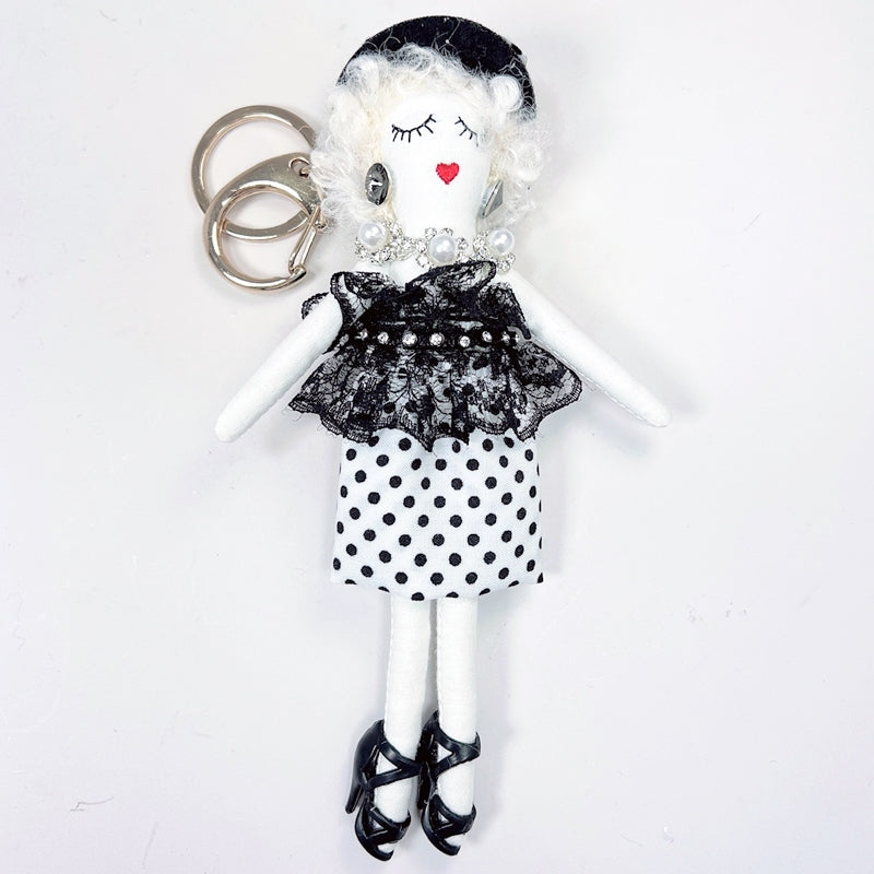 Parisian Doll Keyring Bag Charm - White Polka Dots