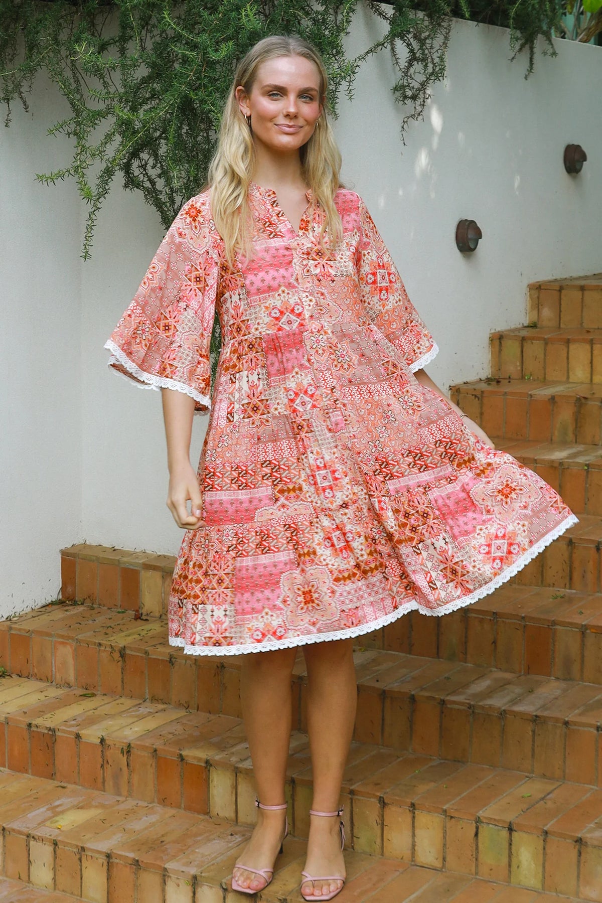 Mosaic Print Dress - Coral