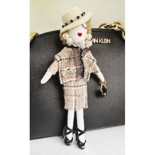 Parisian Doll Keyring Bag Charm - Beige Tweed