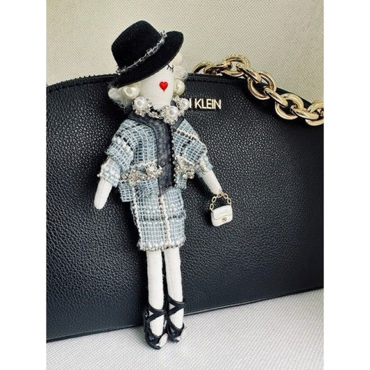 Parisian Doll Keyring Bag Charm - Blue Tweed