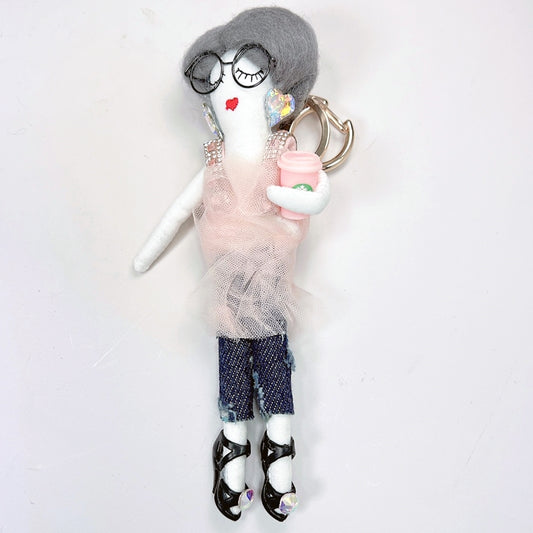 Parisian Doll Keyring Bag Charm - Pink Coffee