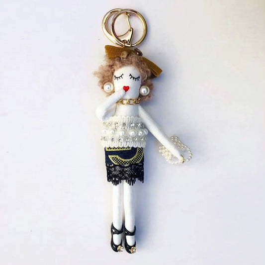 Parisian Doll Keyring Bag Charm - White Pearls