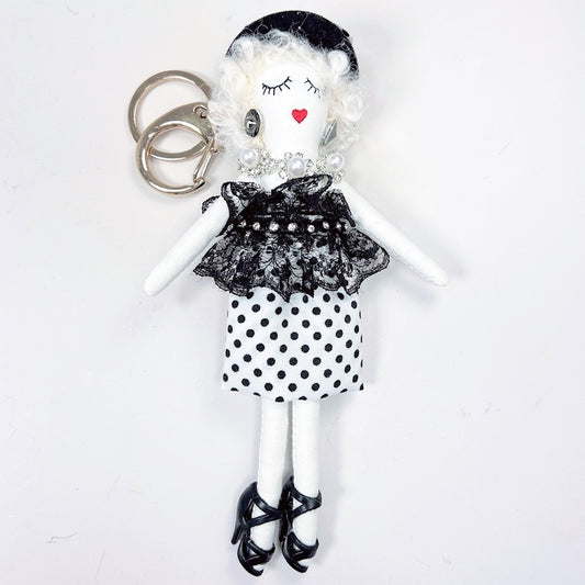 Parisian Doll Keyring Bag Charm - White Polka Dots