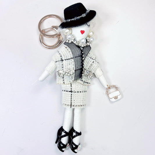 Parisian Doll Keyring Bag Charm - White Tweed